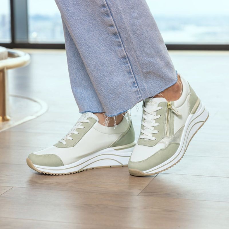 Γυναικείο ανατομικό sneaker Remonte σε πράσινο φασκόμηλο και κρεμ χρώμα, μεγάλα νούμερα.