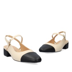 Δίχρωμα δερμάτινα slingbacks (εκρού με μαύρη μύτη) σε γυναικεία παπούτσια μεγάλα νούμερα