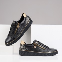 Μαύρα δερμάτινα γυναικείες ανατομικά sneakers Remonte διαθέσιμα σε γυναικεία παπούτσια μεγάλα νούμερα.