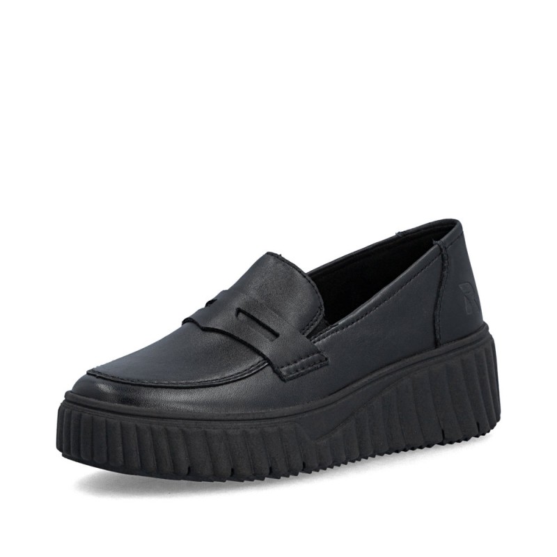 Μαύρα γυναικεία ανατομικά loafers Rieker διαθέσιμα σε γυναικεία παπούτσια μεγάλα νούμερα.