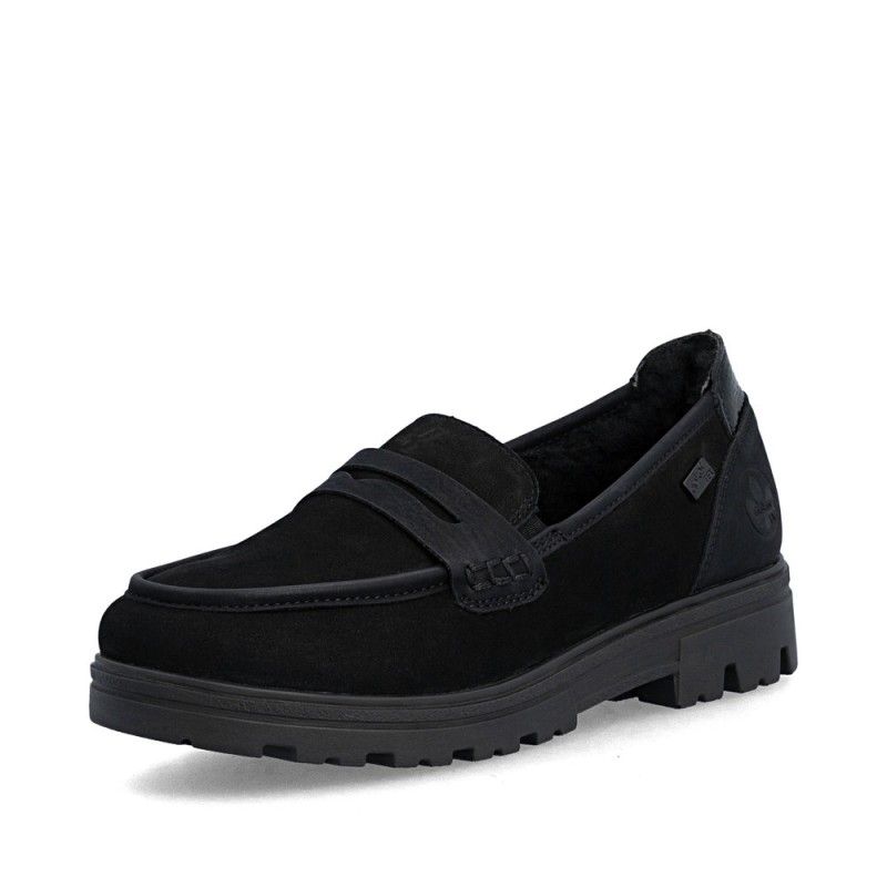 Μαύρα γυναικεία ανατομικά σουέντ loafers Rieker, διαθέσιμα σε γυναικεία παπούτσια μεγάλα νούμερα.