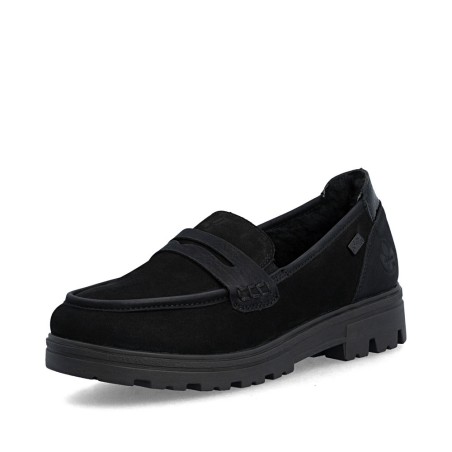 Μαύρα γυναικεία ανατομικά σουέντ loafers Rieker, διαθέσιμα σε γυναικεία παπούτσια μεγάλα νούμερα.