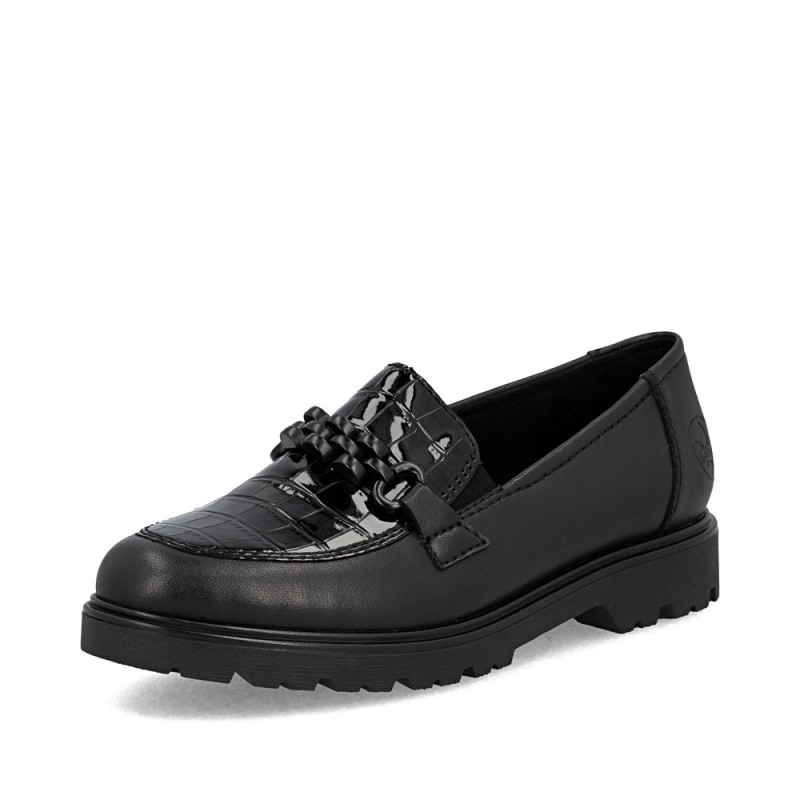 Μαύρα γυναικεία ανατομικά loafers Rieker διαθέσιμα σε γυναικεία παπούτσια μεγάλα νούμερα.