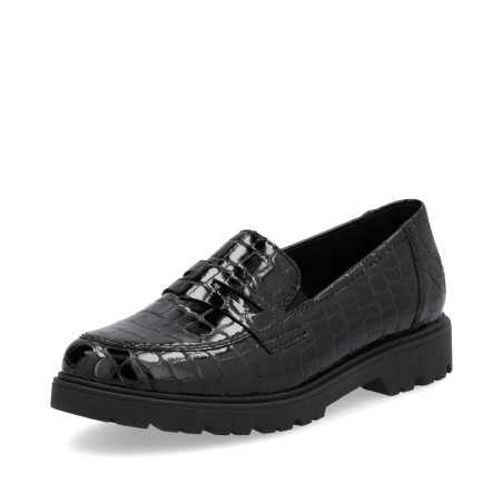 Μαύρα γυναικεία ανατομικά croco λουστρίνι loafers Rieker σε γυναικεία παπούτσια μεγάλα νούμερα.