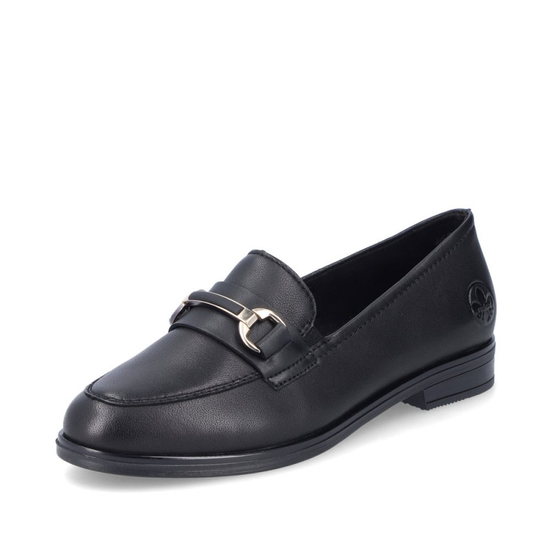 Μαύρα γυναικεία ανατομικά δερμάτινα loafers Rieker διαθέσιμα σε γυναικεία παπούτσια μεγάλα νούμερα.