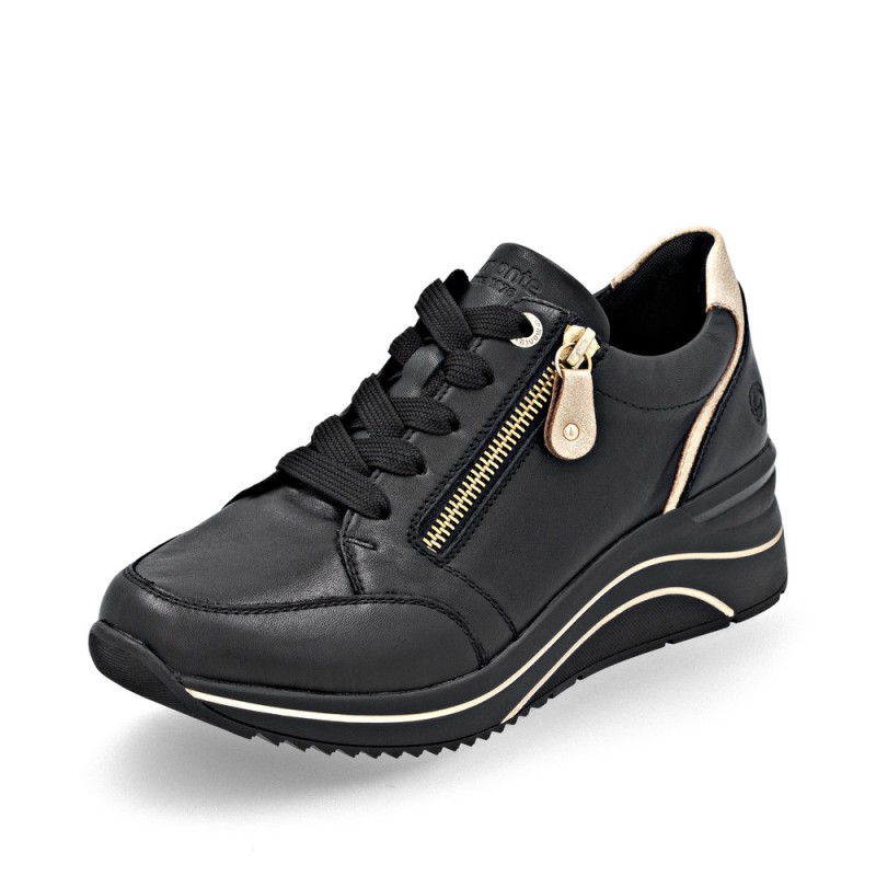 Μαύρα γυναικεία ανατομικά δερμάτινα sneakers Remonte σε γυναικεία παπούτσια μεγάλα νούμερα.