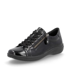 Μαύρα γυναικεία ανατομικά λουστρίνι sneakers Remonte με φερμουάρ σε γυναικεία παπούτσια μεγάλα νούμερα.