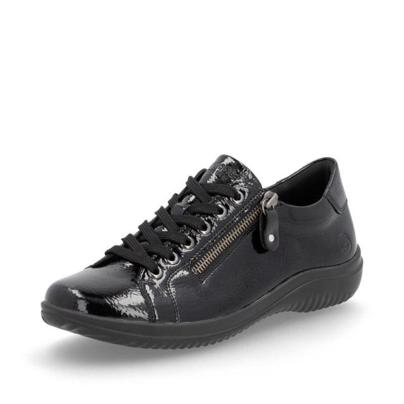 Μαύρα γυναικεία ανατομικά λουστρίνι sneakers Remonte με φερμουάρ σε γυναικεία παπούτσια μεγάλα νούμερα.