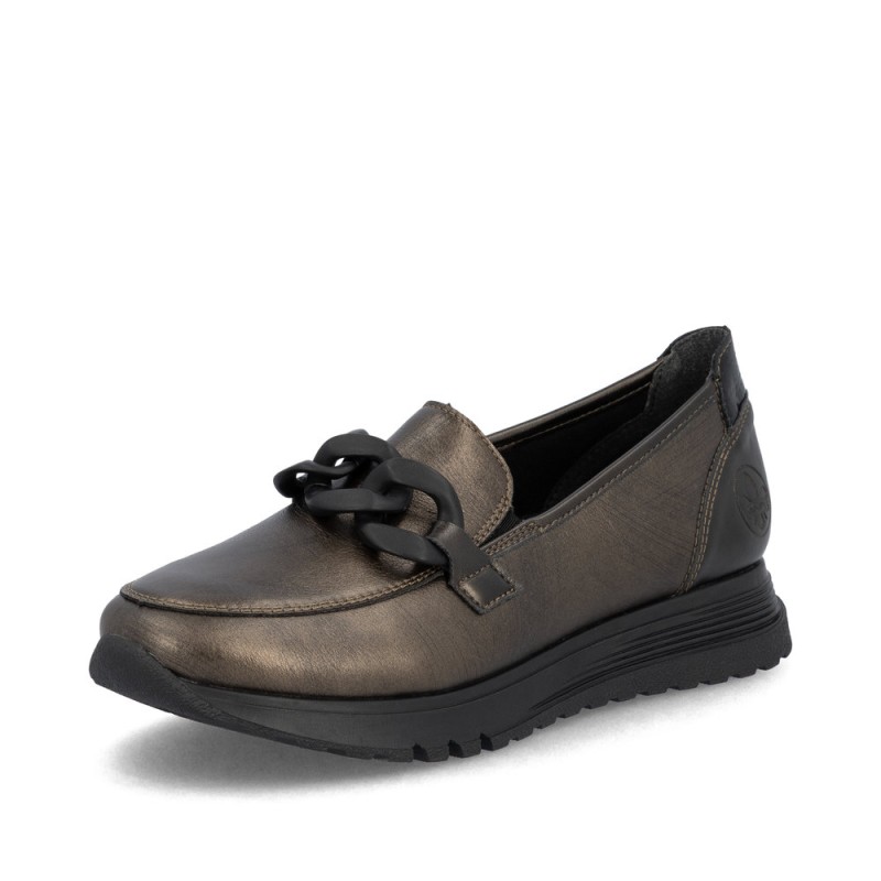 Καφέ metallic γυναικεία ανατομικά δερμάτινα loafers Rieker, σε γυναικεία παπούτσια μεγάλα νούμερα.
